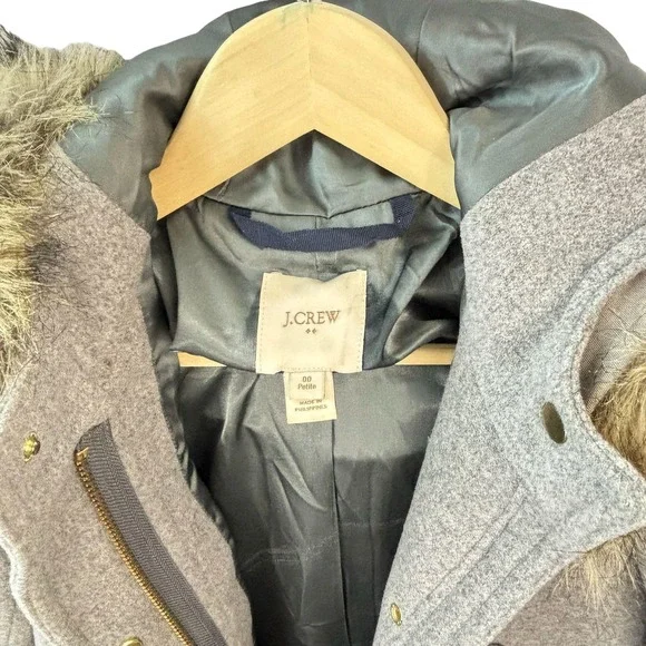 J.Crew Wool Blend Coat with Faux Fur‎ Hood Gray Winter Outerwear Sz Petite 00